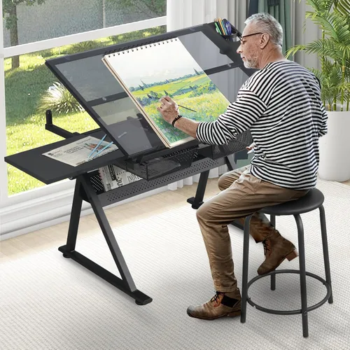 Vista 12 de Escritorio de mesa de dibujo ajustable en altura con taburete, parte superior de vidrio templado Blanco