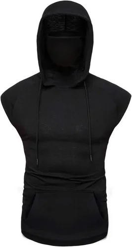 Vista 2 de 7789 Camiseta deportiva sin mangas con capucha para hombre con cubierta para la cara, para gimnasio, con capucha