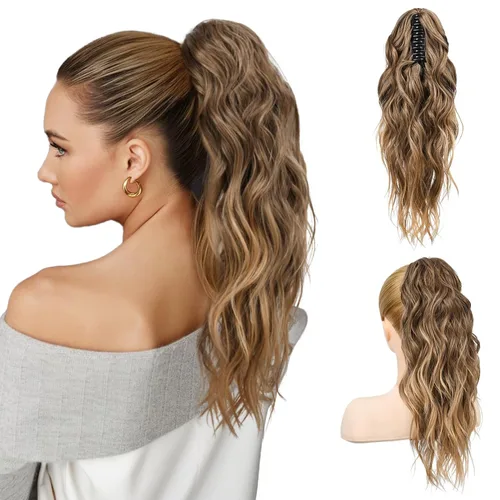 Vista 14 de FLUFYMOOZ Extensión de cola de caballo, extensión de cola de caballo con clip de garra de 18 pulgadas, extensiones de cabello ondulado y rizado