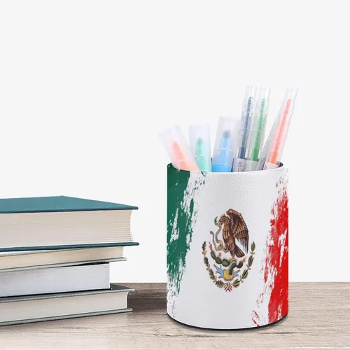 Vista 6 de Soporte para lápices de piel sintética con bandera de México, organizador de escritorio, soporte para brochas de maquillaje para oficina en casa