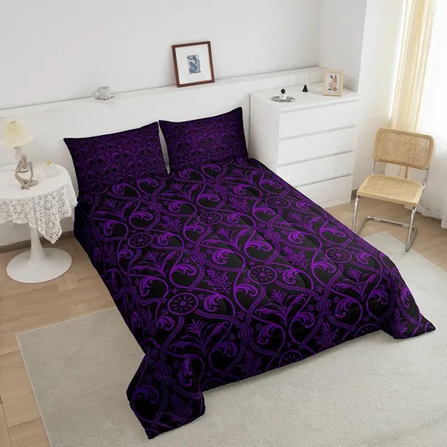 Vista 4 de Erosebridal Juego de edredón floral de color morado y negro degradado para niñas y mujeres, tamaño Queen, juego de ropa de cama gótico barroco