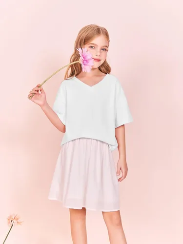 Vista 4 de Camiseta de verano de gran tamaño para niñas, de manga corta, holgada, informal, de algodón