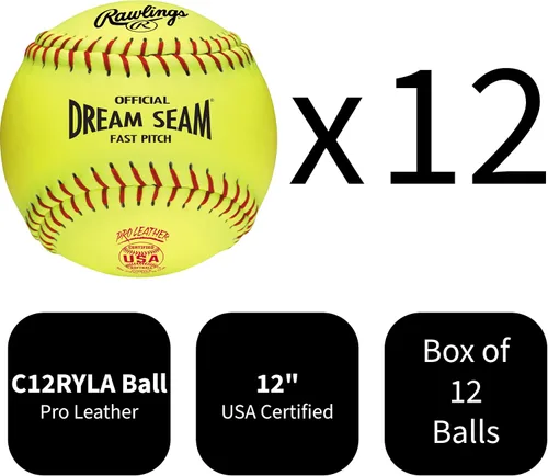 Vista 2 de Rawlings Official USA Pro Leather Dream Seam Fastpitch Softballs USA/ASA C12RYLA 12" Multiple Count Options