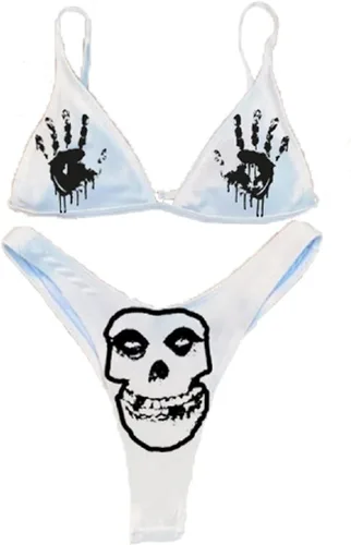 Vista 98 de AIBEARTY Traje de baño de dos piezas con estampado de calaveras para mujer, conjunto de bikini triangular de corte alto para fiesta, festival