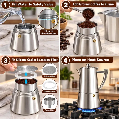 Vista 4 de CUISINOX Roma - Máquina de café expreso de acero inoxidable satinado para estufa, 6 tazas 18/10 stainless steel moka pot with 6-cup capacity