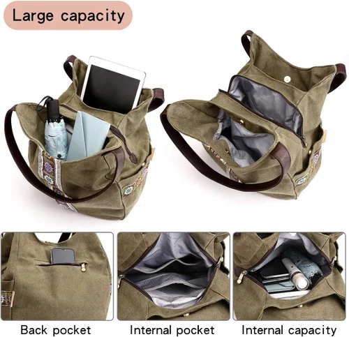 Vista 4 de Worldlyda Women Canvas Hobo Purse Multi Pocket Tote Shopper Shoulder Bag Casual Top Handle handbag with Embroidery Ethnic