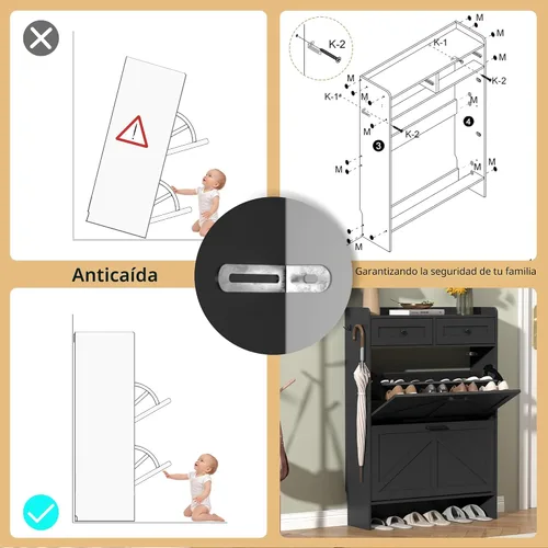 Vista 7 de Thacuok Gabinete de zapatos negro con 2 cajones abatibles y 2 cajones de almacenamiento, armario organizador de zapatos estrecho rústico de granja