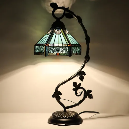 Vista 10 de Tiffany Table Lamp, Stained Glass Desk Light, 8X10X21 Inches, Metal Leaf Base (Brown Green Leaf)