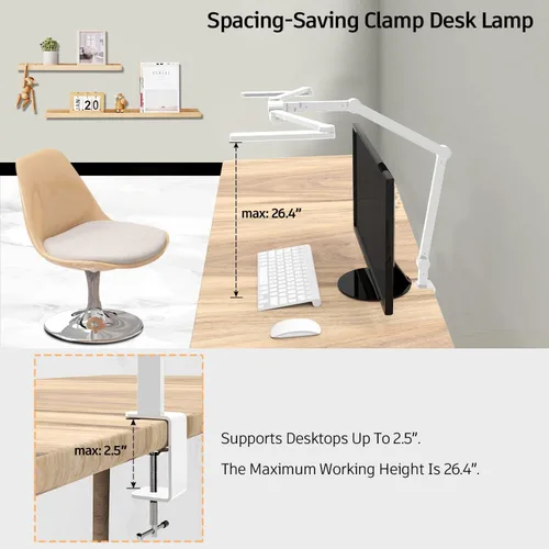 Vista 6 de Lámpara de escritorio LED para oficina en casa, 41.5 pulgadas, clip blanco, lámpara de escritorio de arquitecto con abrazadera, 24 W, ajustable