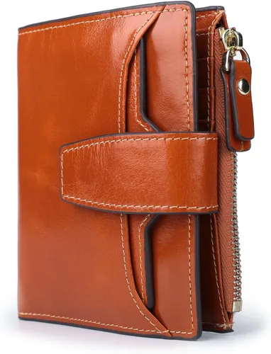 Vista 6 de AINIMOER - Cartera de piel con bloqueo RFID para mujer, tamaño pequeño, compacta, doble zíper, con ventana para identificación