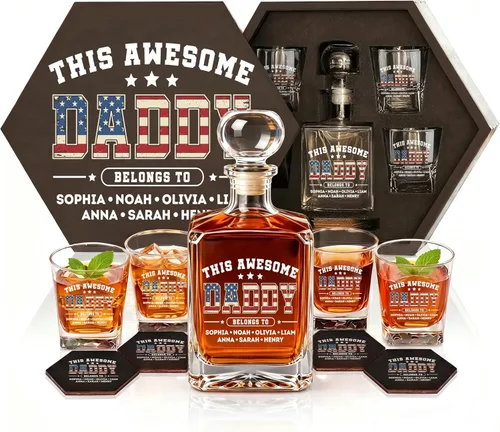 Vista 26 de Juego de decantadores de whisky personalizados para hombres, para el hogar, bar, decantadores de licor personalizados, caja de madera, vasos