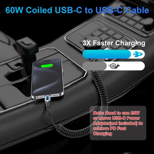 Vista 2 de Cable USB C a USB C en espiral de 4.5 pies, cable de carga tipo C a tipo C con pantalla LED retráctil de 60 W, cable de carga rápida para automóvil