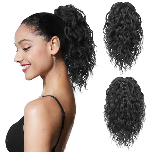 Vista 24 de Flufymooz Extensión de cola de caballo, extensión de cola de caballo corta de 12 pulgadas con pinza de garra, cabello ondulado rizado, clip