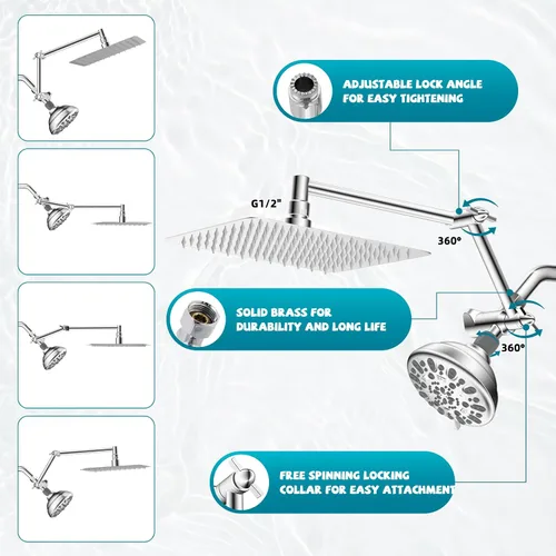 Vista 3 de Cabezal de ducha de metal, cabezal de ducha de mano doble de alta presión de 10 pulgadas con brazo de extensión de ducha ajustable de 16 pulgadas, 7