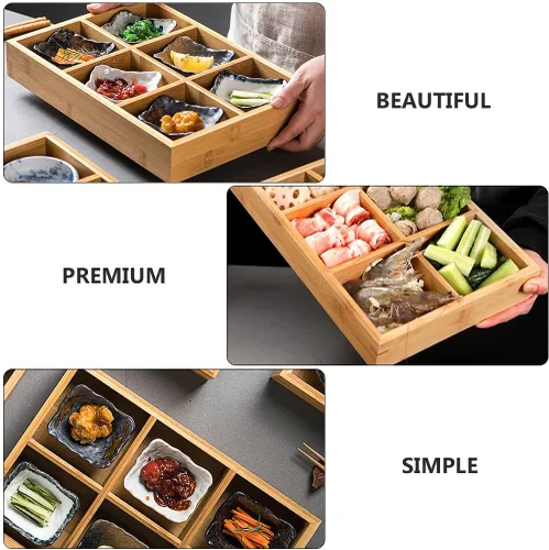 Vista 7 de Cabilock Plato de bambú para ollas calientes con 6 compartimentos, bandeja dividida para verduras, frutas, almacenamiento de alimentos, 12.00 x 8.26