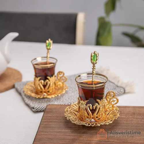 Vista 3 de Alisveristime Juego de té turco otomano con 6 tazas de vidrio, 3.4 fl oz Dorado