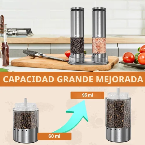 Vista 7 de Juego de Molinillo Eléctrico de Sal y Pimienta Recargable, Agitadores Automáticos de Sal y Pimienta Molinos con Grosor Ajustable Externo, Accesorios