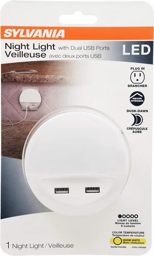 Vista 2 de LEDVANCE Sylvania - Luz nocturna LED con puertos USB duales, 22 años, del atardecer al amanecer, acabado esmerilado, 3000 K, blanco cálido Blanco