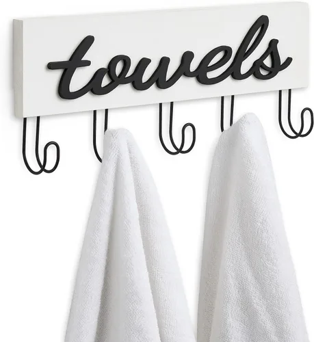 Vista 7 de Mkono Soporte de Toallas Montado en Pared, Toalleros para Baño, Decoración de Casa de Campo, Ganchos de Madera Rústica para Toallas, para Colgar