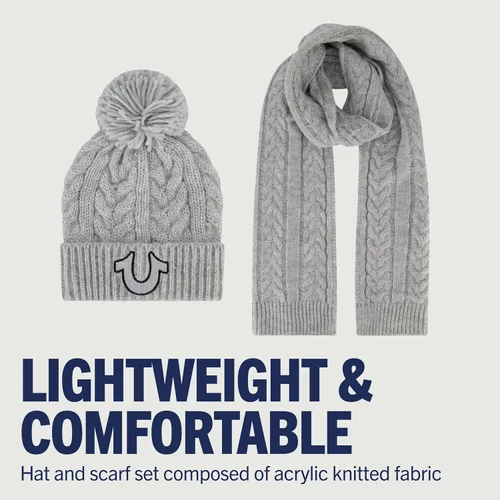 Vista 4 de True Religion womens Beanie Hat and Scarf Set, Winter Cuffed Knit Cap With Lurex Cable Pom and Scarf