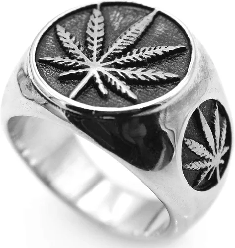 Vista 8 de SAINTHERO Anillo vintage de acero inoxidable para hombre diseño de marihuana cannabis símbolo de hojas de roca punk hip hop joyería talla 7-15