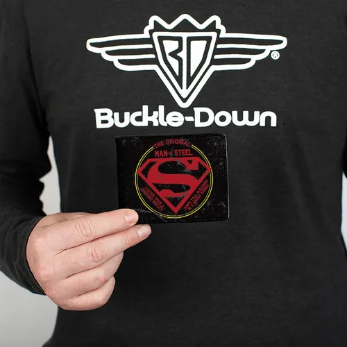 Vista 3 de Buckle-Down Billetera de DC Comics para hombre, plegable, Superman The Original Man of Steel Badge negro, rojo, amarillo, cuero vegano, 4.0 x 3.5