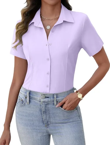 Vista 10 de Zeagoo Camisas de vestir de manga corta con botones para mujer, blusas básicas de trabajo con cuello de negocios