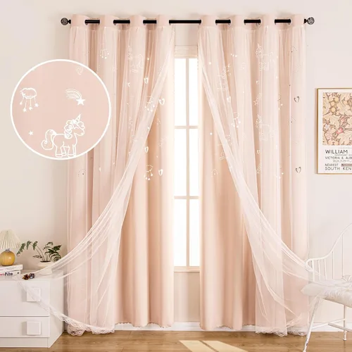 Vista 12 de UNISTAR - 2 paneles de cortinas opacas y transparentes con estrellas para dormitorio de niñas, niños, habitación de bebé, cortinas de doble capa