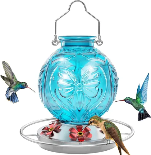 Vista 9 de Comedero de vidrio para colibríes para colgar al aire libre, comedero de néctar de colibrí de 25 onzas con perca y 5 puertos de alimentación de Rojo