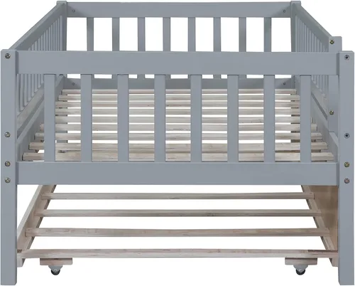 Vista 5 de Cama de plataforma para niños de tamaño individual con valla de seguridad con nido, plataforma multifuncional de madera maciza, marco de cama