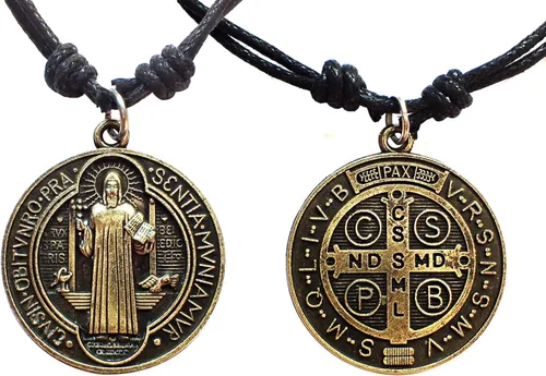Vista 5 de Bijoux de Ja Collar con dije de medalla de San Benito de Nursia de bronce antiguo cordón ajustable 16 pulgadas Cordón