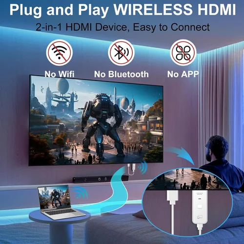 Vista 2 de Adaptador inalámbrico HDMI para pantalla Dongle, 1080P Plug & Play Extensor HDMI Receptor inalámbrico para smartphone/PC/Laptop a