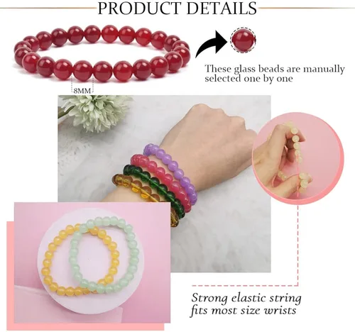 Vista 3 de SAMOCO 24 pulseras elásticas de cuentas de 0.315in, hechas a mano, redondas, de cristal, para mujer, multicolor, mate, pulsera elástica