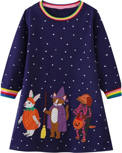 Vista 12 de HILEELANG Vestido de manga larga para niña pequeña, de algodón, con apliques, ropa casual para Navidad