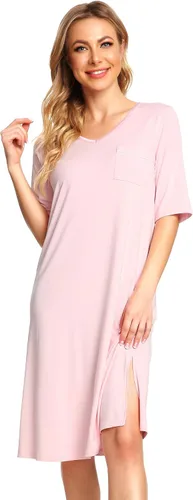 Vista 48 de WiWi - Camisón de viscosa de bambú para mujer, manga corta, con cuello en V, ropa de dormir, tallas grandes, S-4X, A-aqua