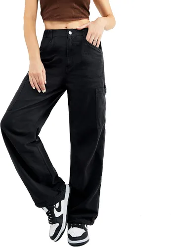 Vista 2 de Pantalones cargo de algodón para mujer, pierna ancha, casual, senderismo, militar, combate, trabajo, con 8 bolsillos