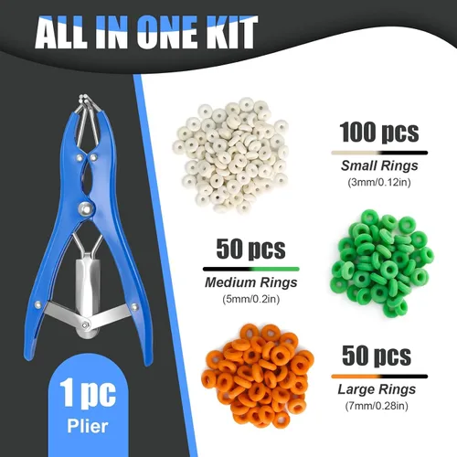 Vista 6 de Kit de Anillado para Cabras, Elastrador de Acero Inoxidable con 200 Piezas de Bandas de Goma de 3 Tamaños y Herramienta Expansora para el Manejo