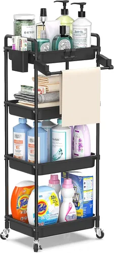 Vista 12 de SPACEKEEPER Carrito de almacenamiento rodante, carrito utilitario de 3 niveles, organización de cuarto de servicio, estantería móvil, organizador