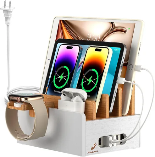 Vista 9 de Pezin & Hulin Estación de carga de bambú para múltiples dispositivos con cargador USB de 5 puertos, 5 cables, soporte para reloj inteligente