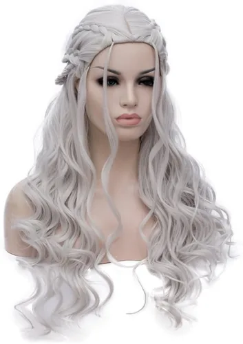 Vista 3 de Daenerys Targaryen - Peluca para Juego de Tronos, Khaleesi, pelucas de cabello largo y rizado ondulado BU121B Plata Gris