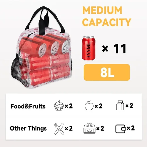 Vista 4 de Lonchera de cerdo – Lonchera aislada para niños – Bolsas de almuerzo rosadas lindas con bolsillos – Lonchera congelable mediana de 8L para la escuela