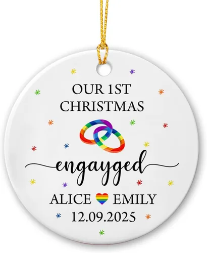 Vista 17 de All for Love - Adorno de cerámica LGBT arcoíris para Navidad 2025, adorno de Navidad personalizado para parejas, orgullo gay/lesbiano, adorno