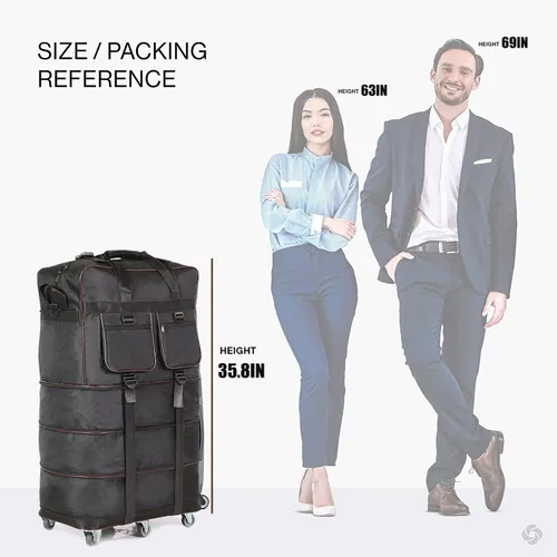 Vista 4 de ELDA Maleta plegable expandible con 6 ruedas silenciosas TPR bolsa de viaje plegable de gran capacidad para hombres y mujeres, Negro -, Ampliable