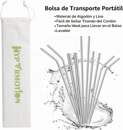 Vista 7 de Hypermotion Pajita de acero inoxidable, juego de popotes de metal reutilizables de grado alimenticio con 2 cepillos de limpieza y bolsa