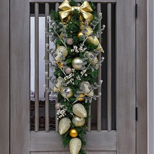 Vista 6 de Juego de 4 adornos para árbol de Navidad, picos rizados de color negro y blanco, campanas de lana, adornos para Halloween, hogar, oficina, fiesta