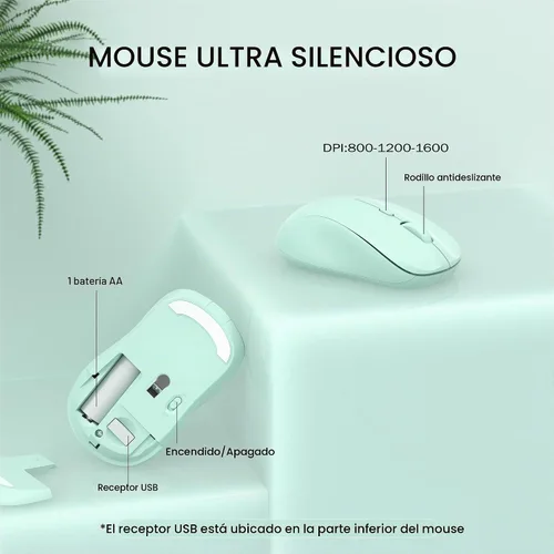 Vista 5 de Combo de teclado y mouse inalámbricos, 110 teclas silenciosas redondas, mouse óptico ajustable, 1 receptor USB, interruptor de alimentación
