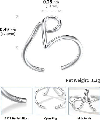 Vista 4 de SILVERCUTE S925 Initial Rings, Adjustable Size 6-12 Statement Alphabet Letter A-Z Jewelry Personalized Twisted Initials Rings Sterling Silver