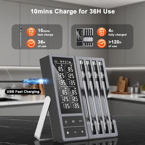Vista 4 de Termómetro inalámbrico de carne con temporizador inteligente y alertas de APP, termómetro para parrilla de alimentos Bluetooth de 244 m, 4 sondas
