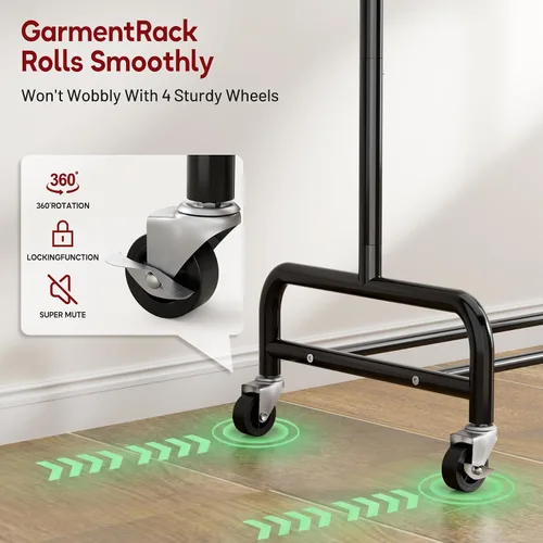 Vista 4 de SLEEPING LAMB Perchero de doble varilla resistente para colgar ropa, perchero enrollable de metal con ruedas para colgar ropa, estante de Negro