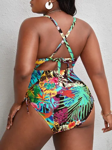Vista 2 de WDIRARA Traje de baño de una pieza con estampado floral y cordón para mujer, talla grande